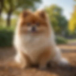A medium-sized Pomeranian with a fluffy coat sitting gracefully in a park.