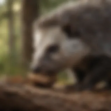 Close-up of a porcupine munching on bark, showcasing its preferred food source.