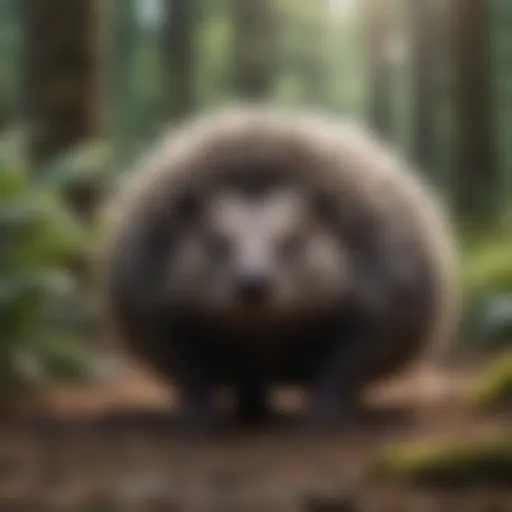 A porcupine foraging in a lush forest displaying its natural habitat.