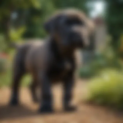 Cane Corso puppy playing in a lush garden