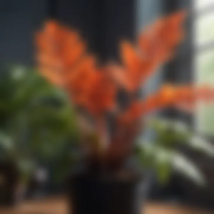 Close-up of a sunlit indoor plant showcasing vibrant foliage