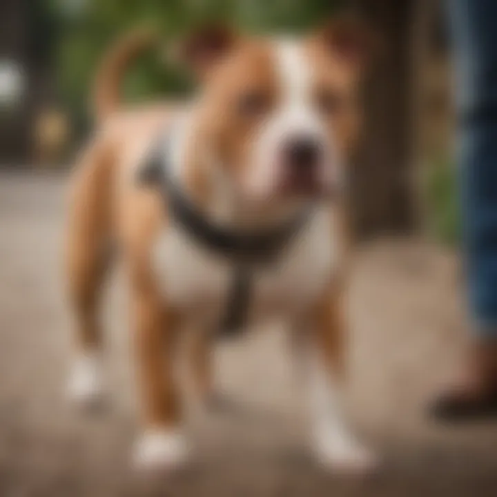 A well-trained Pitbull assisting an individual in a public setting