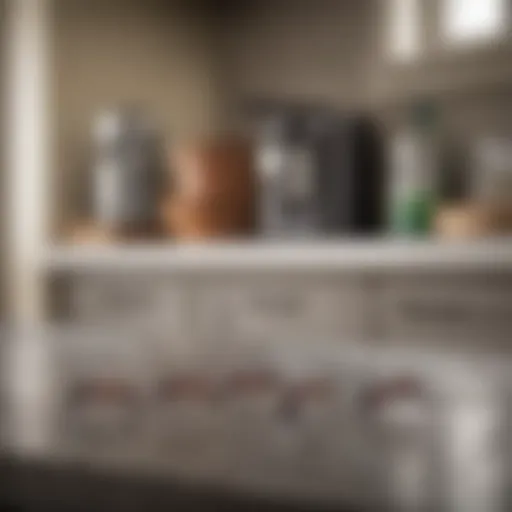 Close-up view of tiny ants crawling on a kitchen countertop.