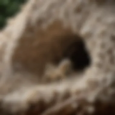 A close-up view of a white ant colony in its natural habitat, showcasing intricate tunnels and nest structures.
