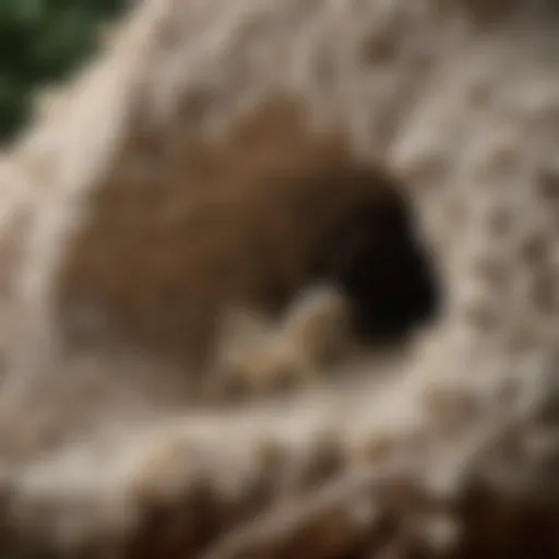 A close-up view of a white ant colony in its natural habitat, showcasing intricate tunnels and nest structures.