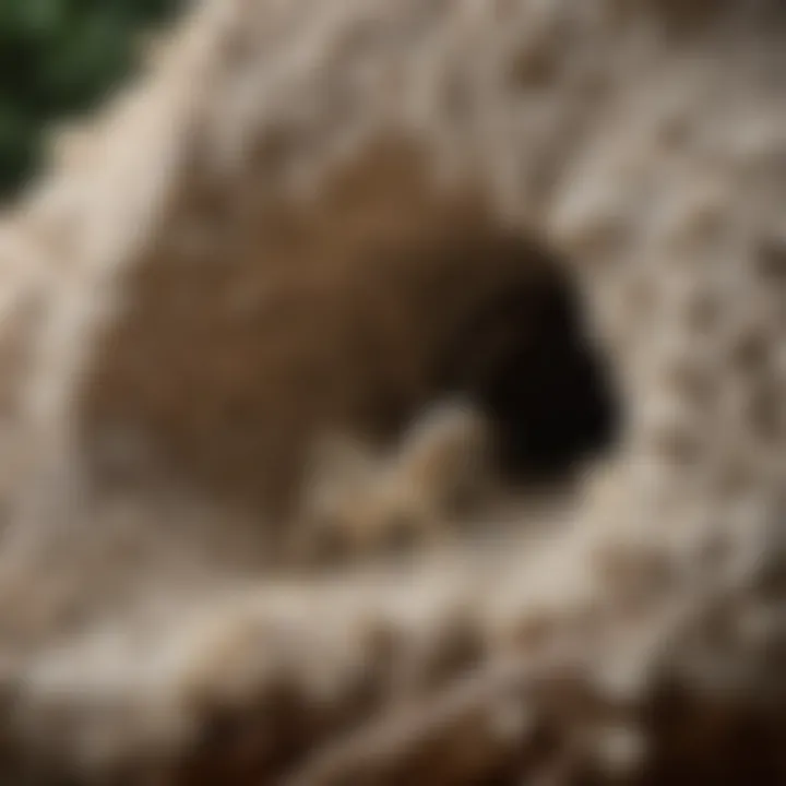 A close-up view of a white ant colony in its natural habitat, showcasing intricate tunnels and nest structures.