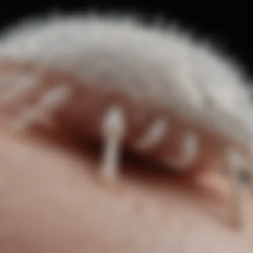 Close-up view of white mite on skin
