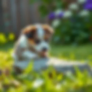 A curious puppy inspecting a rock in a lush green garden.