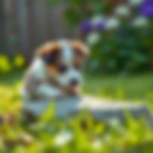 A curious puppy inspecting a rock in a lush green garden.