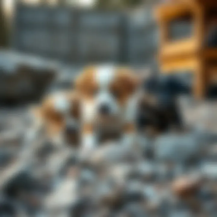 A playful environment where puppies are safely engaging with toys instead of rocks.
