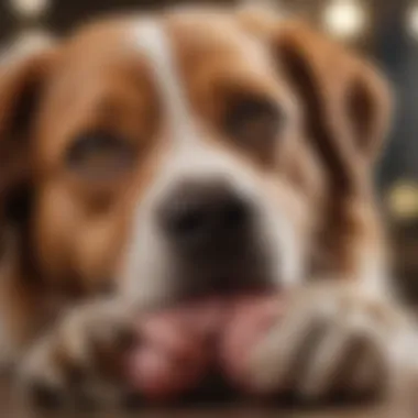 Close-up of a dog licking its paw, showcasing self-grooming behavior.