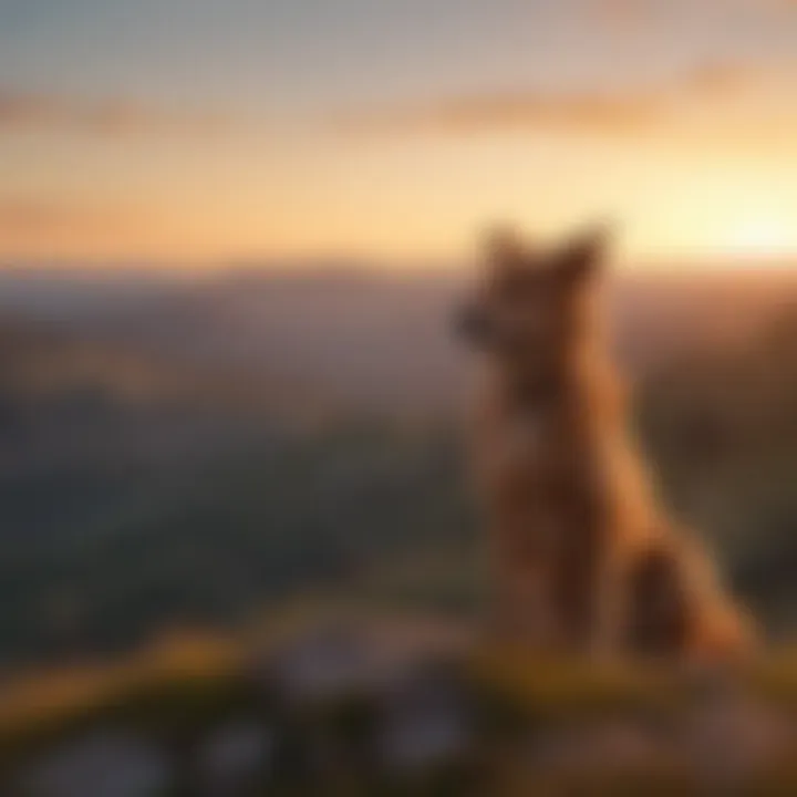 Majestic dog sitting on a hill overlooking a sunset