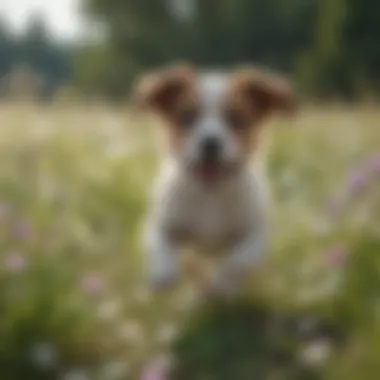 Playful puppy chasing bubbles in a field of wildflowers