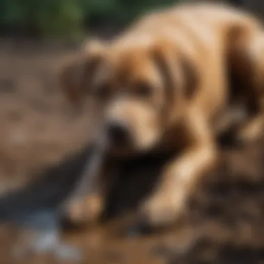 Dog with muddy paws after digging hole