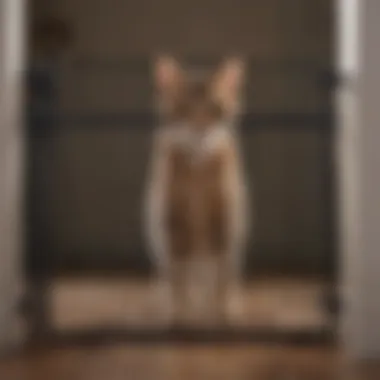 A cat attempting to sneak past a pet gate, highlighting the challenge of keeping pets contained.