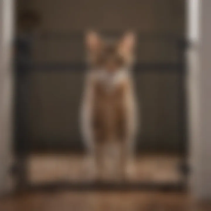 A cat attempting to sneak past a pet gate, highlighting the challenge of keeping pets contained.