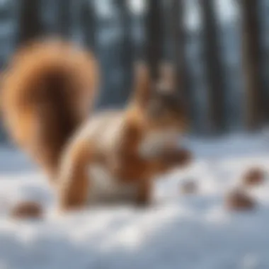 A squirrel foraging for nuts in the snow