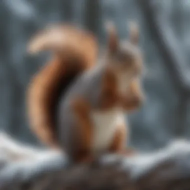 A squirrel sitting on a branch, looking around in a winter landscape