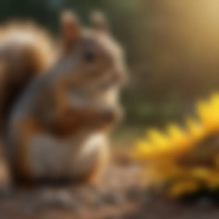 A close-up of a squirrel feeding on sunflower seeds