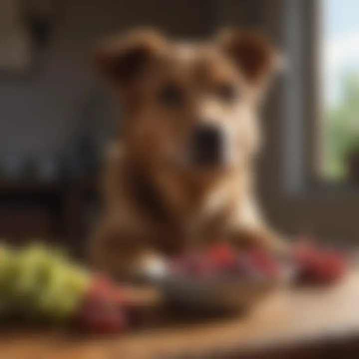 Illustration of a dog looking longingly at a bowl of grapes