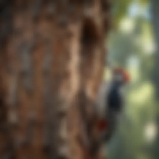 Woodpecker on tree trunk with deterrent