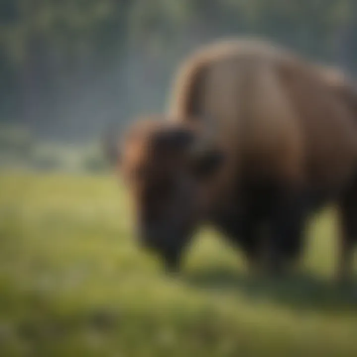 Vibrant summer scene with bison grazing in a lush green meadow